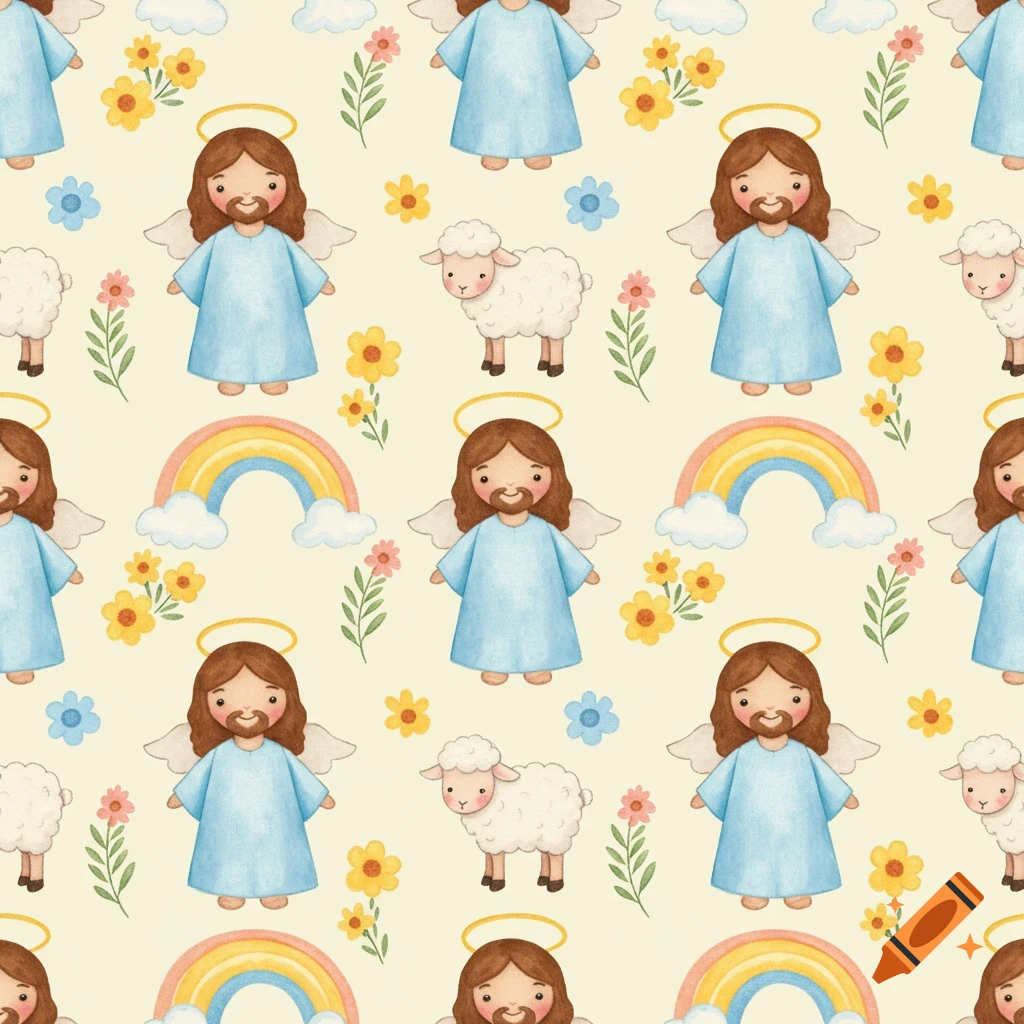 A watercolor seamless pattern featuring cute Jesus figures with halos and wings, lambs, rainbows, and flowers on a light background.