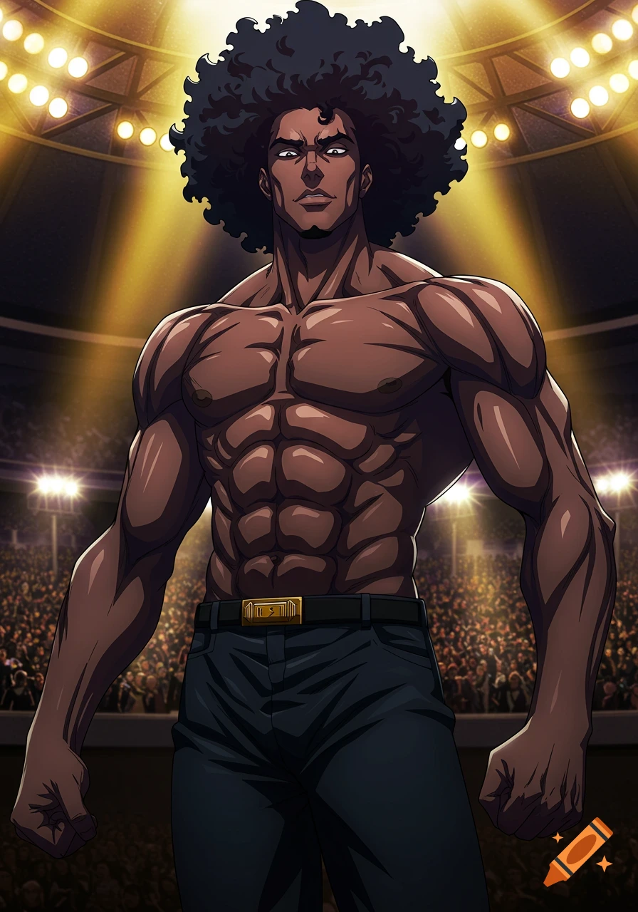 A muscular anime man with an afro stands in a fighting arena under bright lights, facing forward.