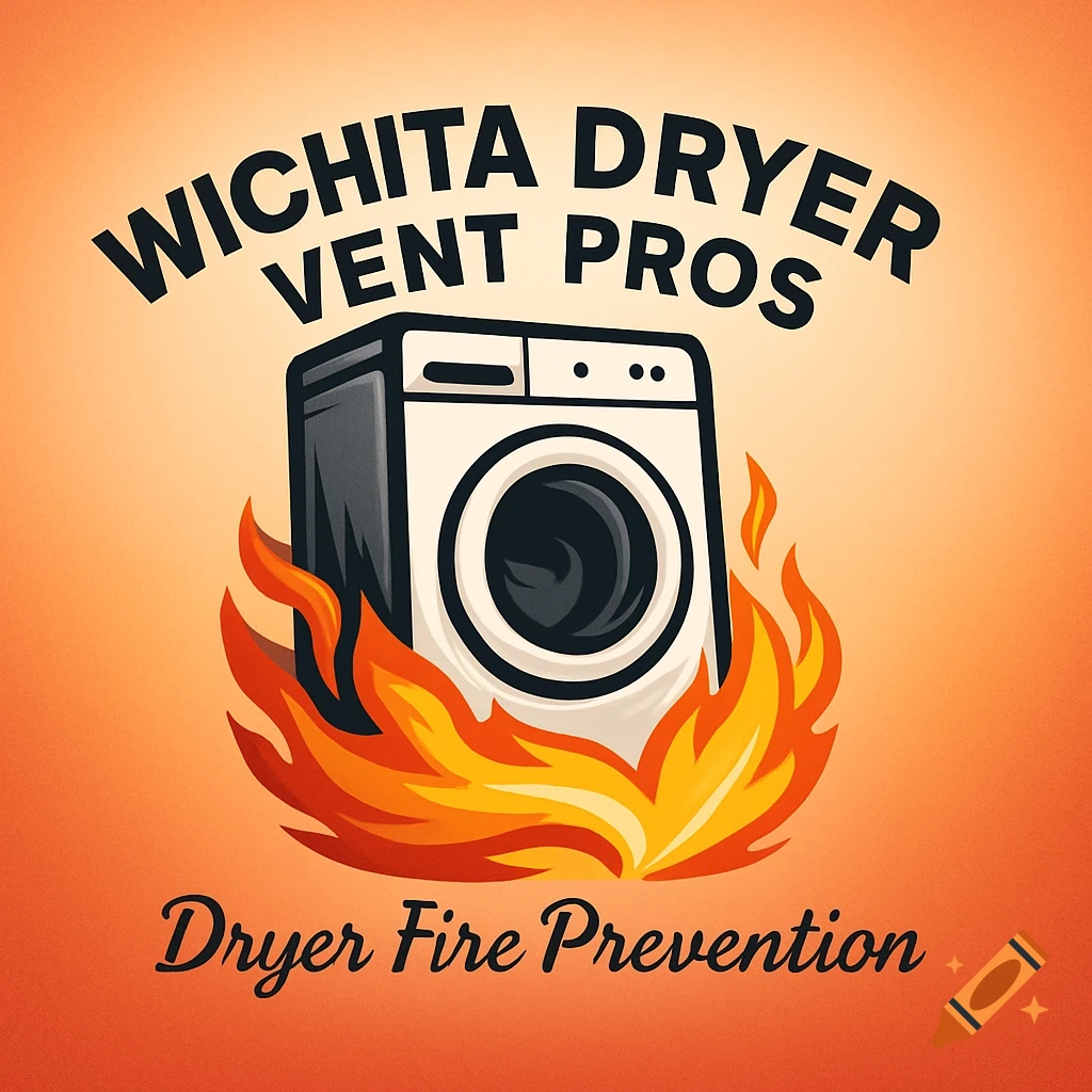 A stylized business logo showing a white clothes dryer engulfed in orange and yellow flames. Text above reads "WICHITA DRYER VENT PROS" and text below reads "Dryer Fire Prevention".