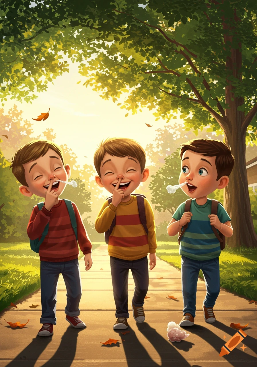 Three cartoon boys with backpacks walk on a sunny path outdoors, two picking their noses and one with a strange white cloud by his nose.