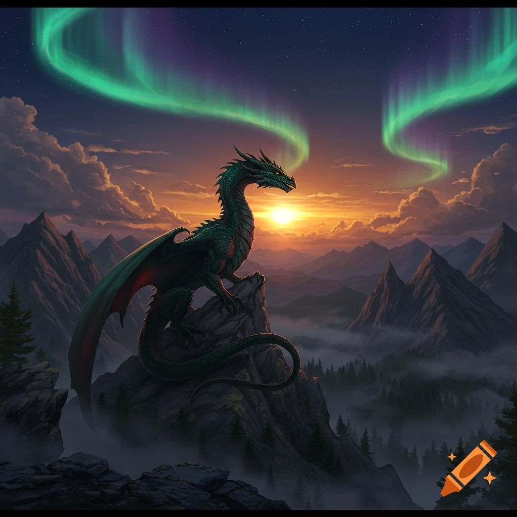 A majestic green dragon perches on a mountain peak at sunset, overlooking a foggy valley under a sky lit by aurora borealis.