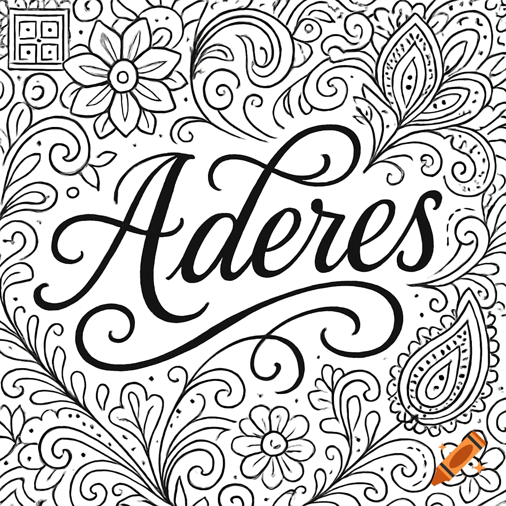 Black and white coloring page with the cursive word Aderes surrounded by intricate floral patterns.