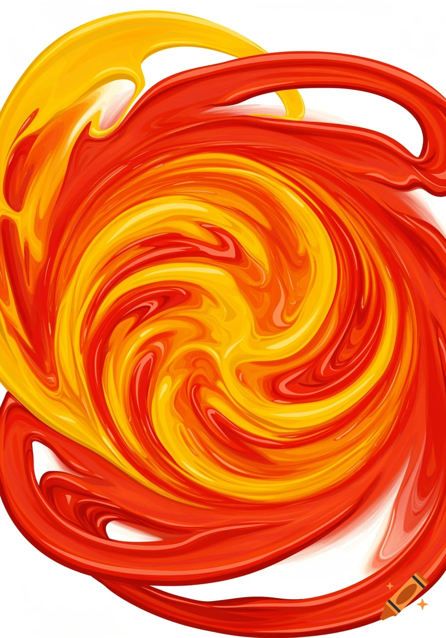 A vibrant swirl of red and yellow paint mixing together on a white background.