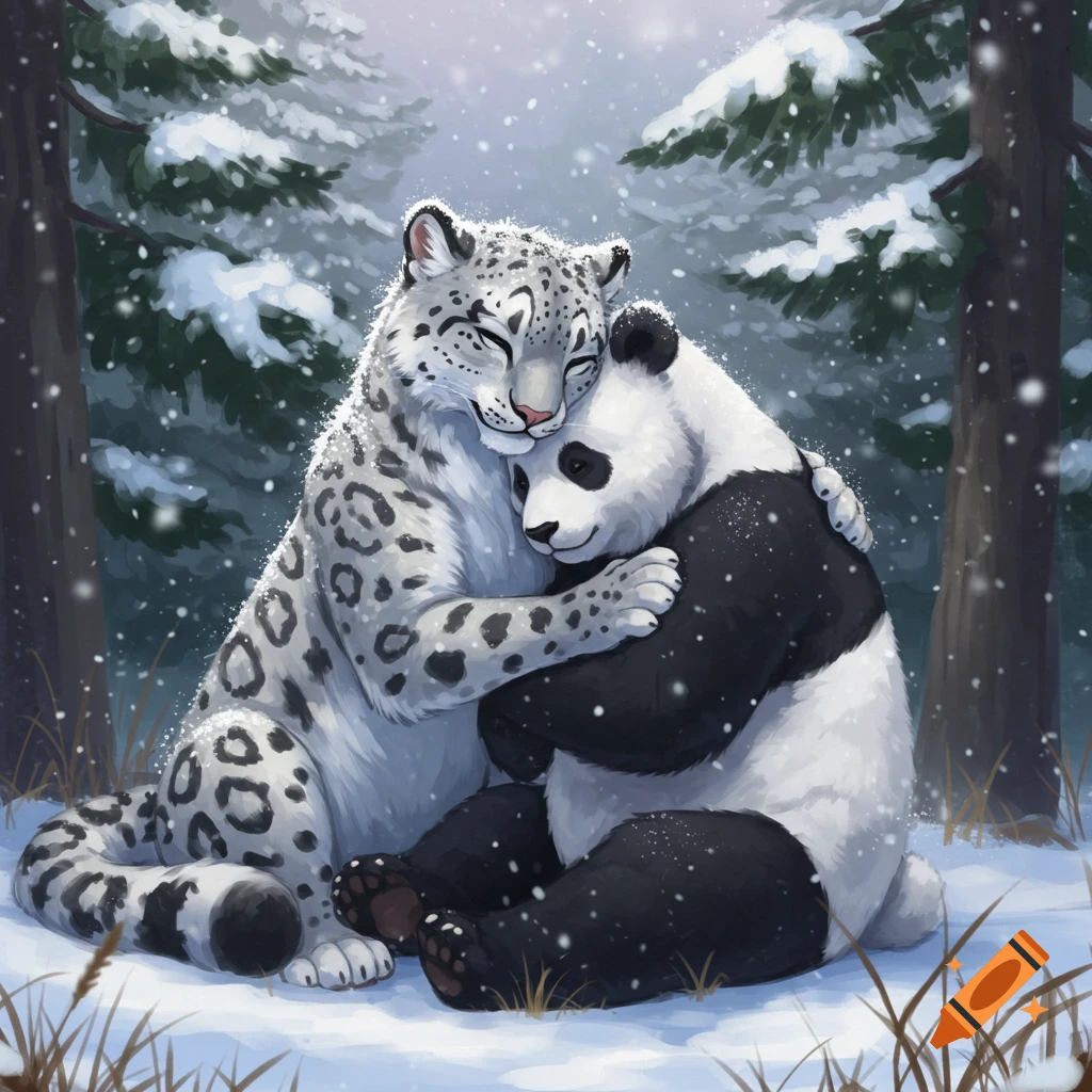 An anthropomorphic snow leopard and a panda furry hugging in a snowy forest, with snow falling.