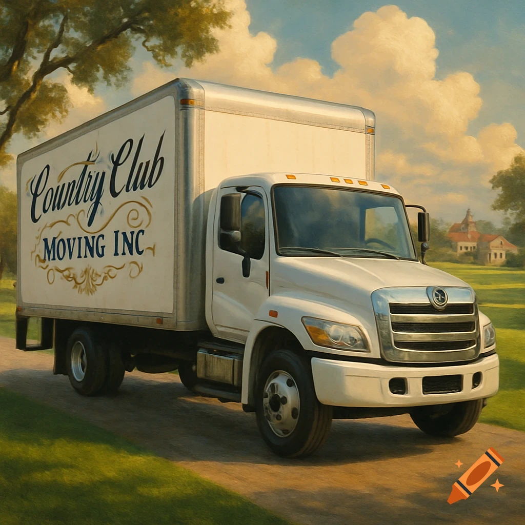 A white moving truck with 'Country Club MOVING INC' on its side sits on a dirt path in a sunny, green landscape with trees and clouds.