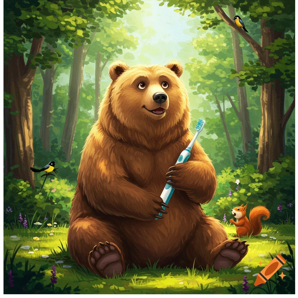 A friendly cartoon bear sits in a sunlit forest, holding a light blue electric toothbrush. A small bird and a squirrel are nearby.