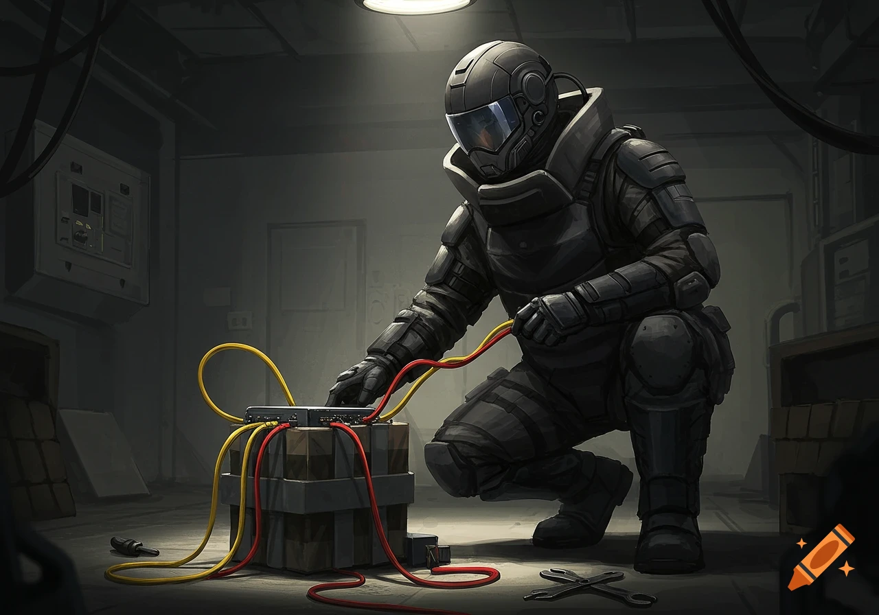 A bomb technician in a dark, grimy room crouches, carefully defusing a bomb with red and yellow wires, lit by an overhead light.