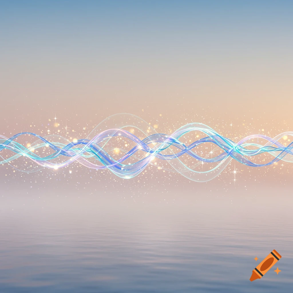 Abstract glowing blue and purple waves with sparkles over a calm body of water.