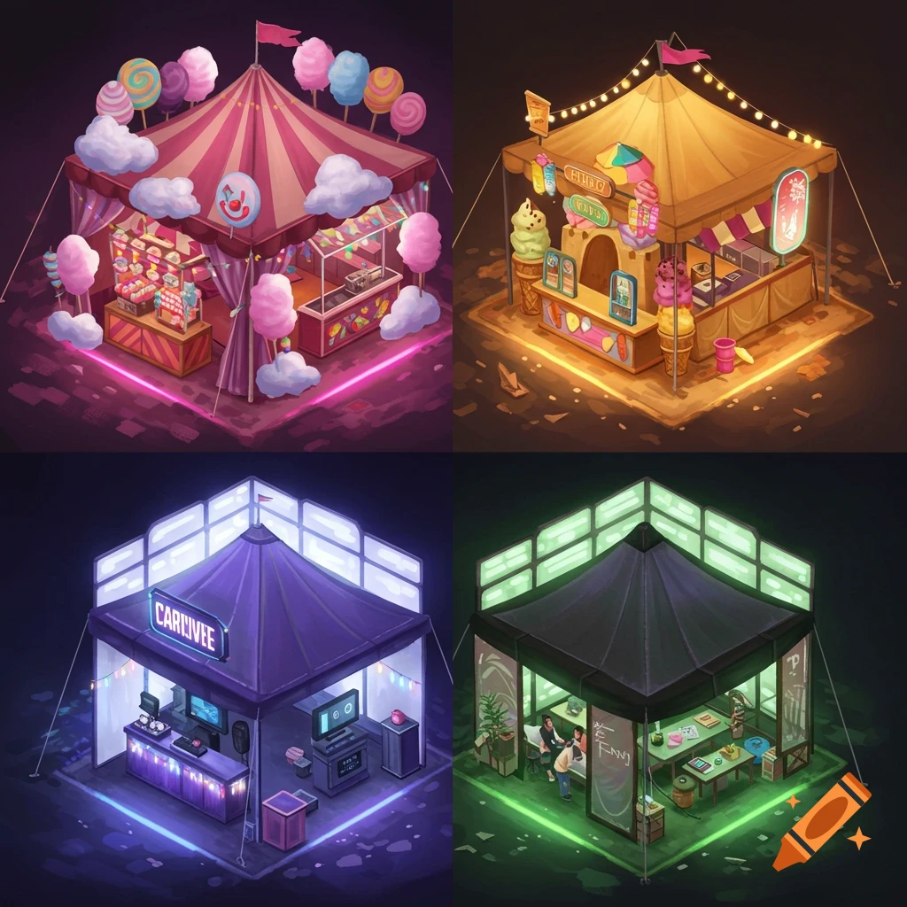 Four colorful isometric canopy tents arranged in a cube, each with a different theme and glowing neon outline on the ground.
