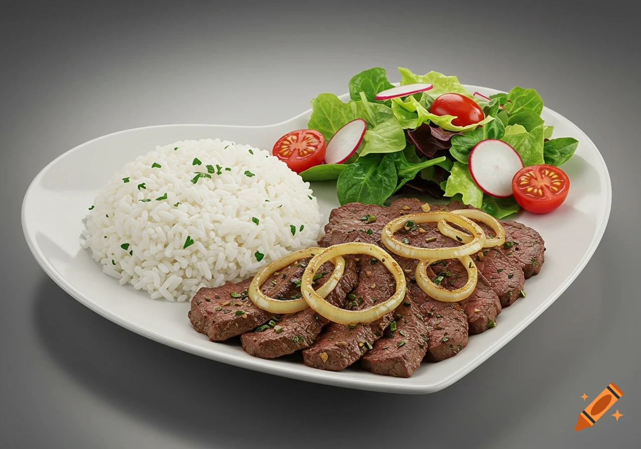 A heart-shaped plate holds a serving of seasoned steak with onion rings, white rice, and a side salad with radishes and cherry tomatoes.