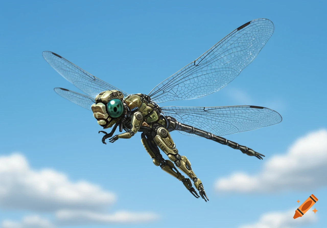 A detailed mechanical dragonfly with green eyes and golden armor flies against a clear blue sky with white clouds.