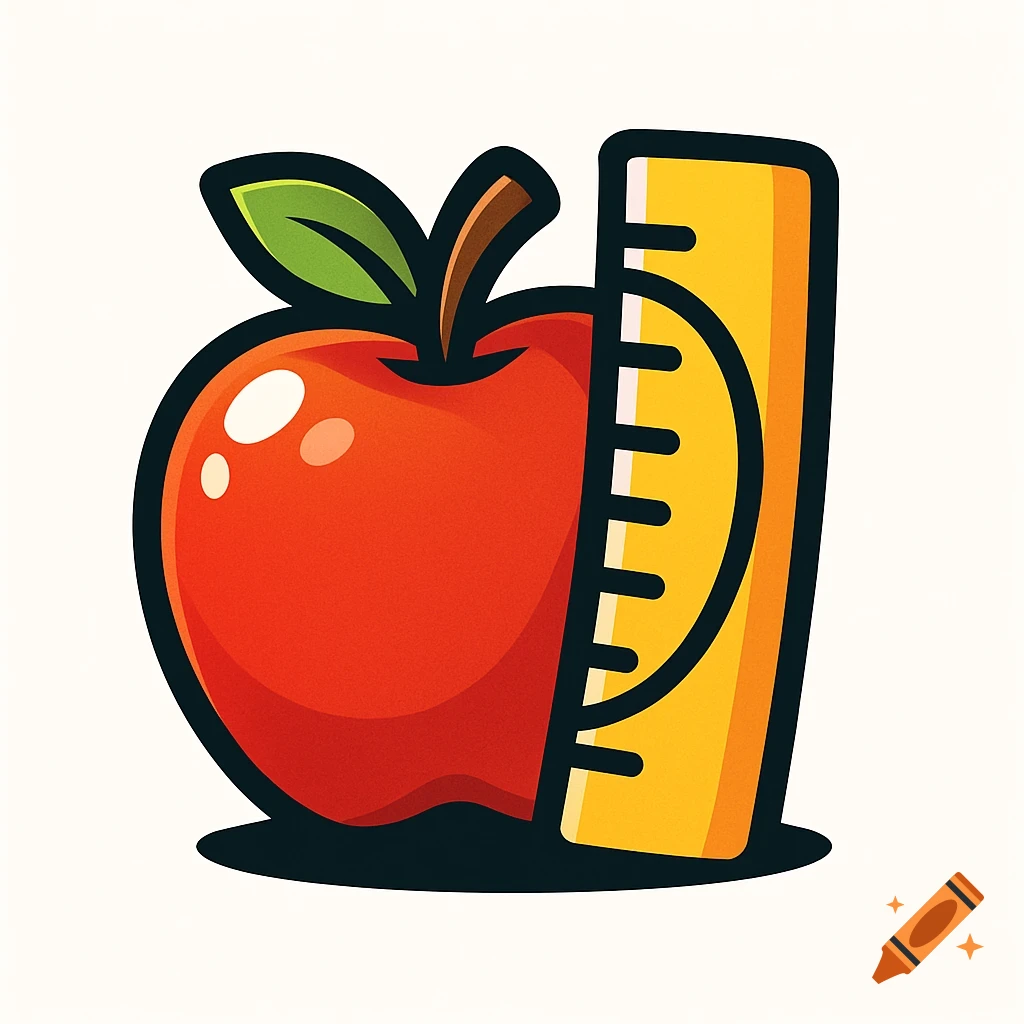 A cartoon-style logo featuring a red apple with a green leaf and a brown stem, positioned next to a yellow ruler with black markings on a white background.