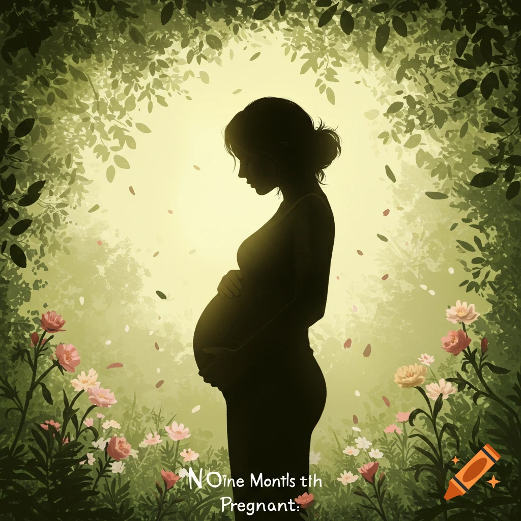 An illustrative silhouette of a pregnant woman standing in a lush green forest with pink flowers.