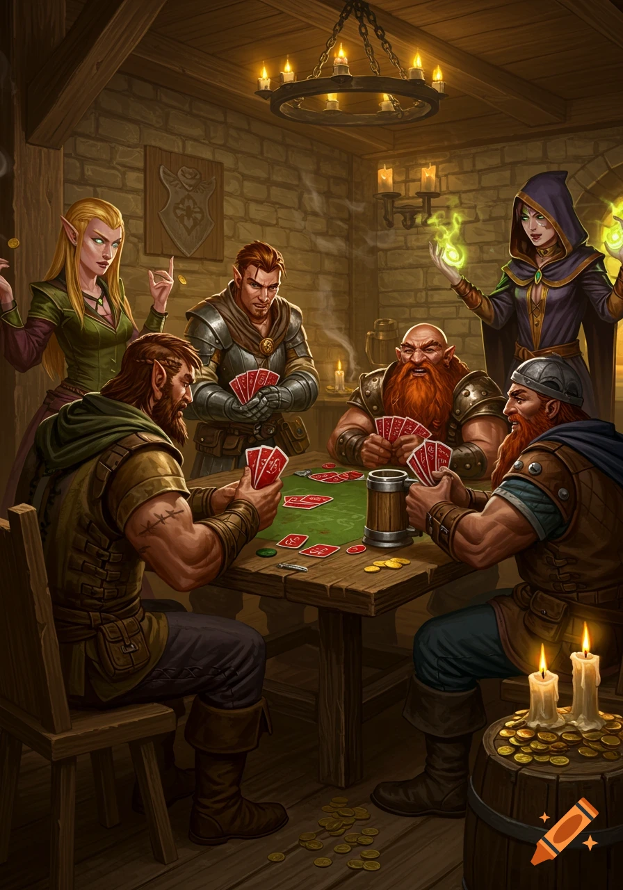 Fantasy characters, including elves, dwarves, and a mage, play cards at a wooden table in a rustic, candlelit tavern.