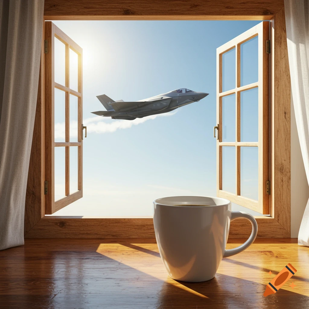 A white coffee cup on a wooden windowsill with an F-35 fighter jet flying in the clear blue sky outside the open window, photorealistic.