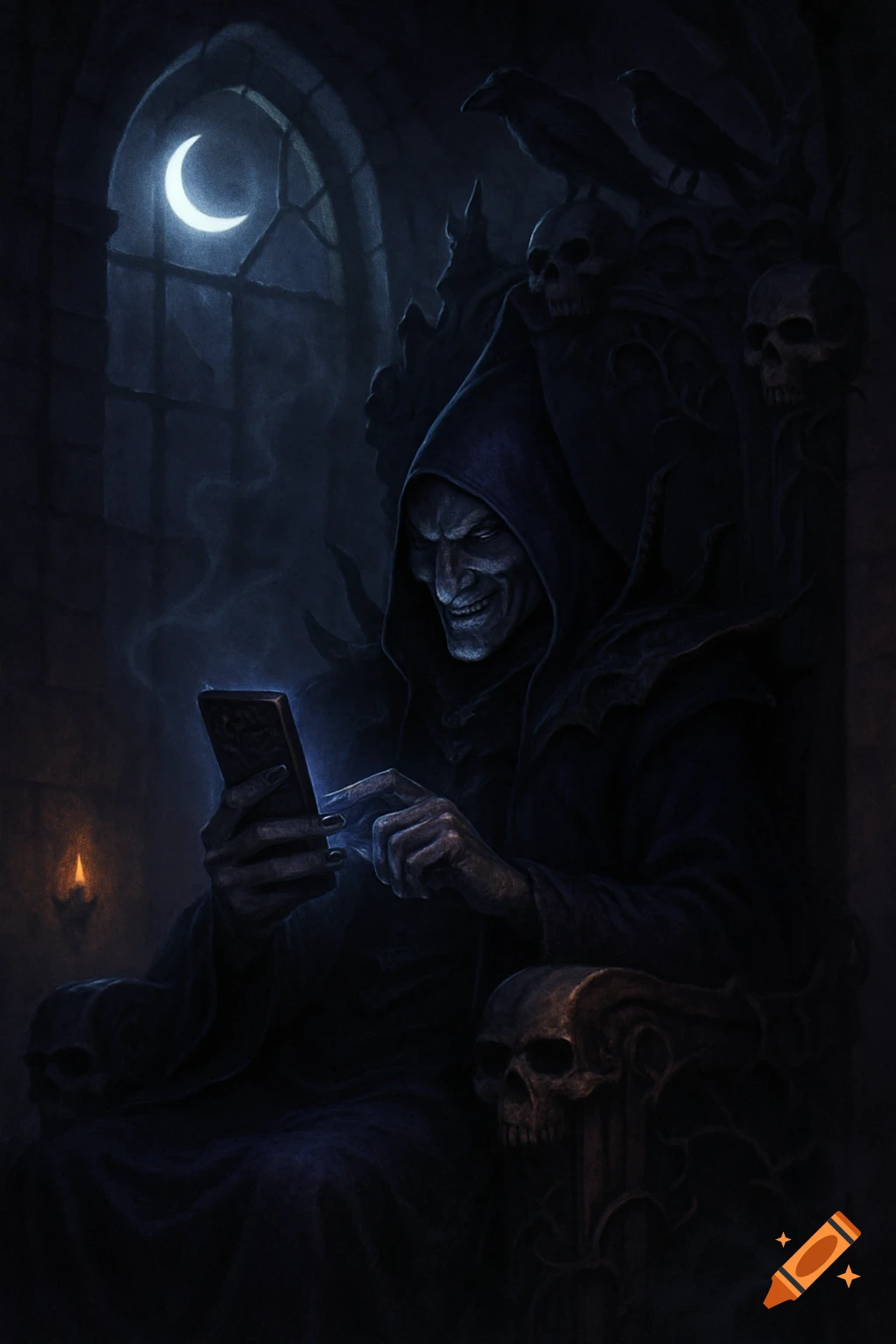 A dark lord or grim reaper in a black cloak sits on a skull-adorned throne, smiling while looking at a glowing smartphone. A crescent moon shines through a gothic window.