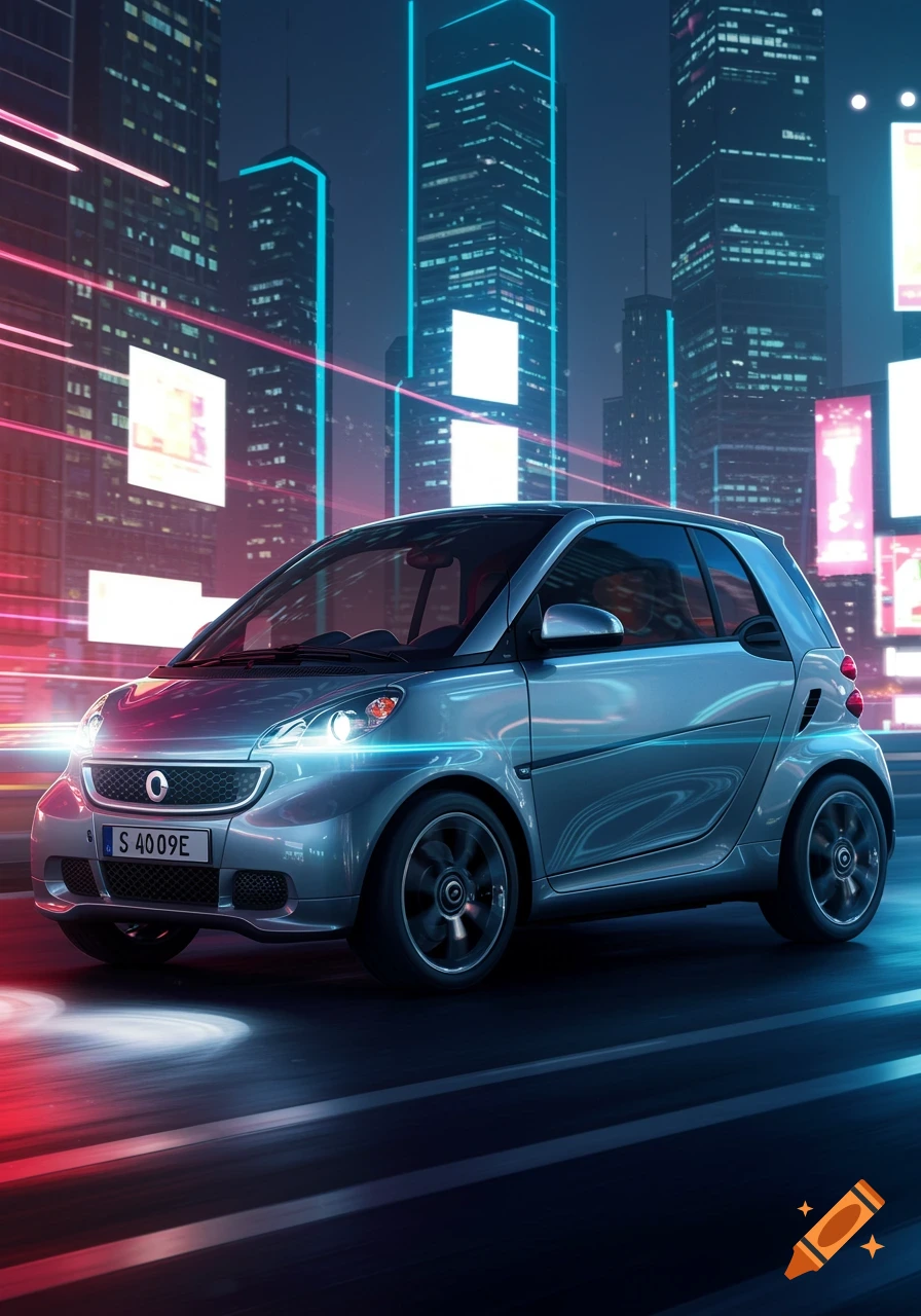 A silver Smart car on a road at night, set against neon-lit skyscrapers in a vibrant, photorealistic style.