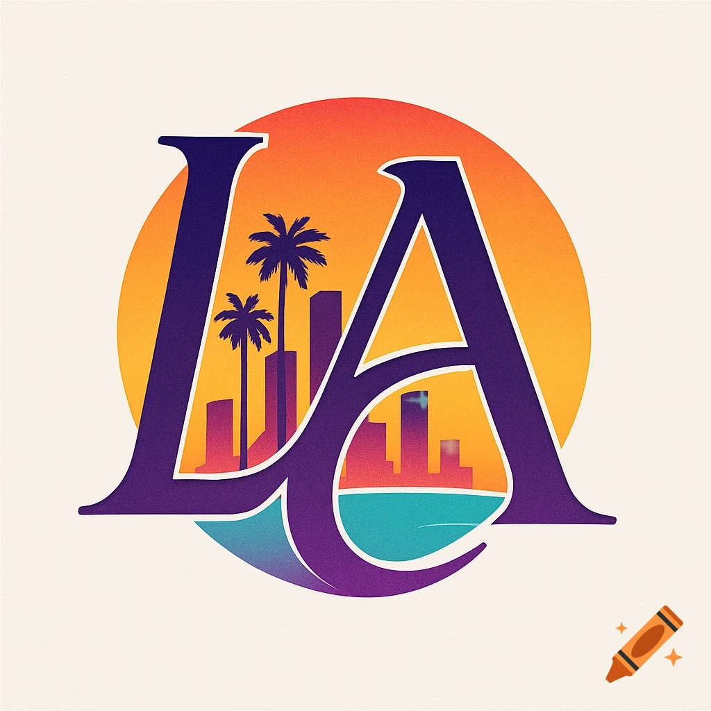 LA logo with purple letters, an orange sunset, palm trees, a city skyline, and ocean waves.