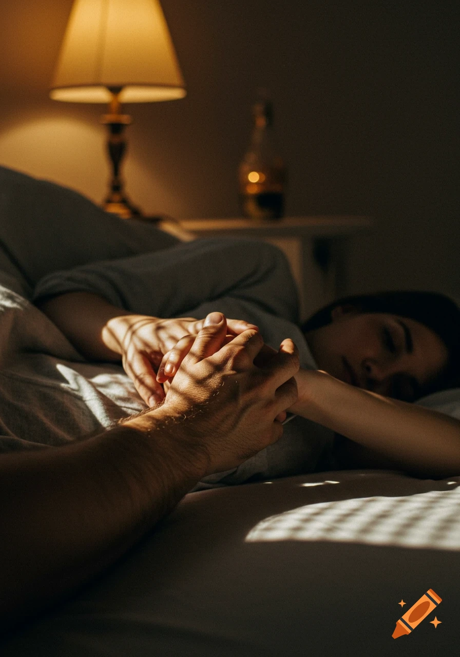 Close-up of a person's hand holding another person's arm in a bed, bathed in sunlight. A sleeping figure is in the background. Photorealistic style.