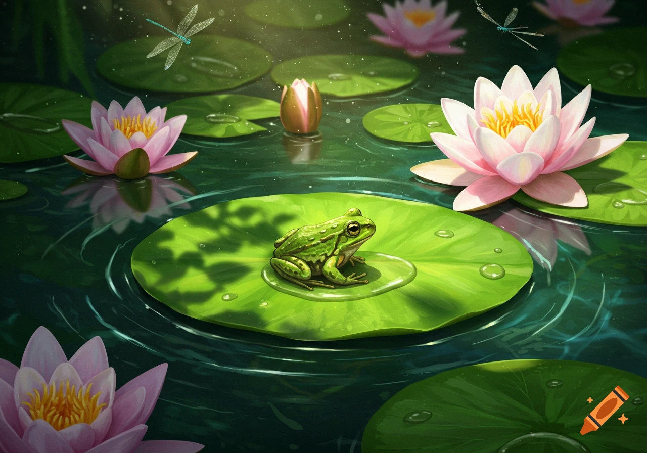 A vibrant green frog sits on a lily pad in a pond surrounded by pink water lilies and flying dragonflies, in a painterly style.