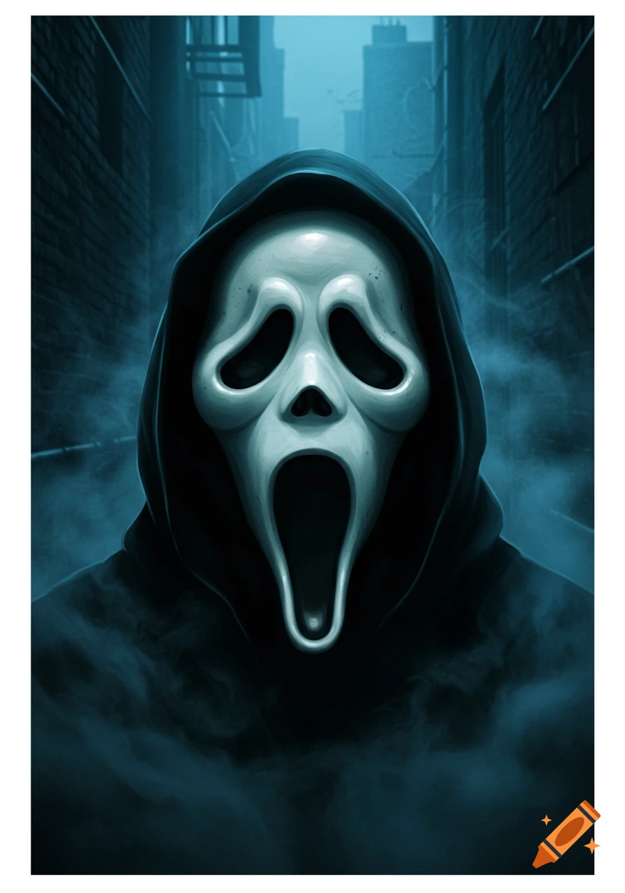 A stylized illustration of the Ghostface mask from Scream, set in a dark, atmospheric alley.