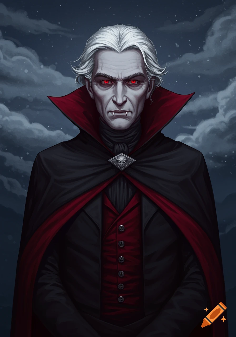 A pale man with white hair, vivid red eyes, and fangs wears a black cape with a red lining and a red vest, standing against a cloudy night sky.