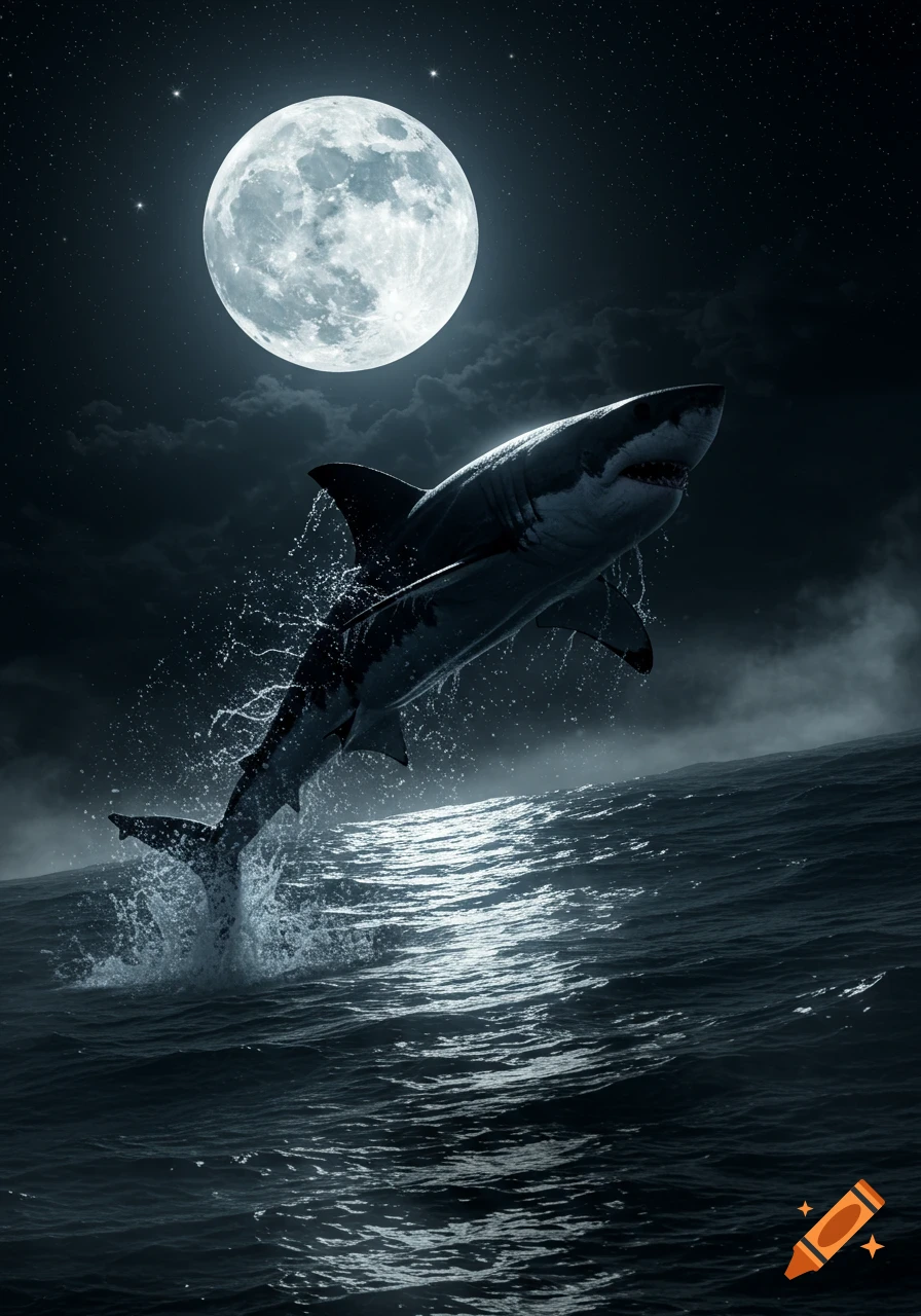 Photorealistic great white shark leaps from dark ocean waters under a large, bright full moon and starry night sky.