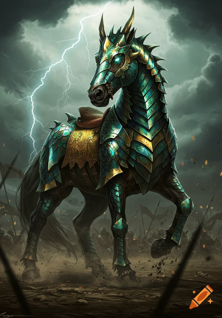A majestic warhorse clad in gleaming green and gold armor stands amidst a stormy battlefield with lightning in the sky.