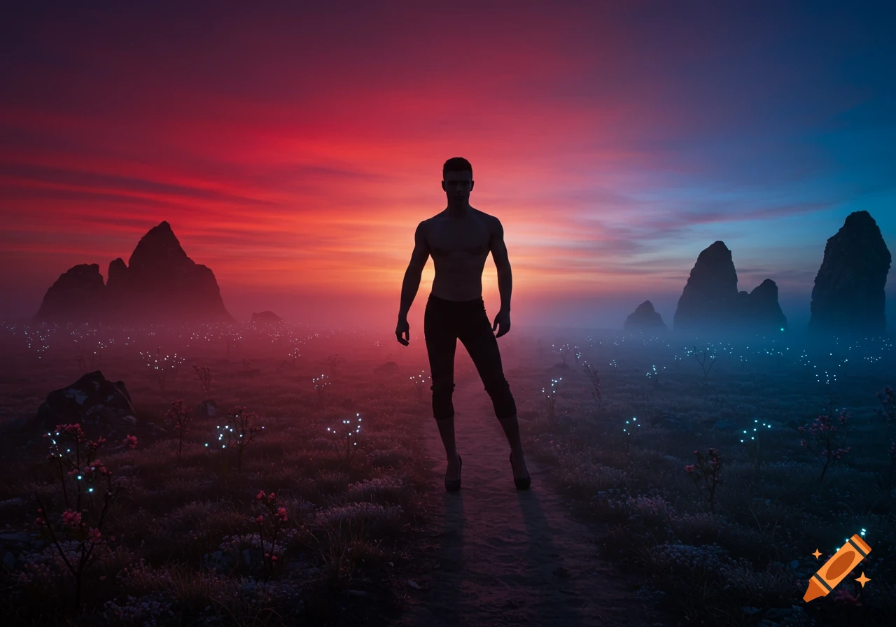 A muscular man stands on a path in a mystical landscape with glowing plants and dramatic red and blue sky.
