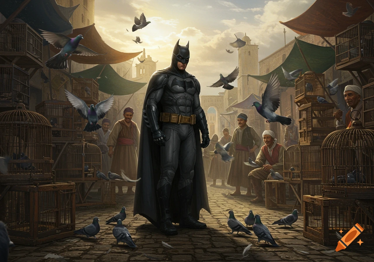 Batman stands in a sunny Middle Eastern market with pigeon cages, vendors, and pigeons flying around him.