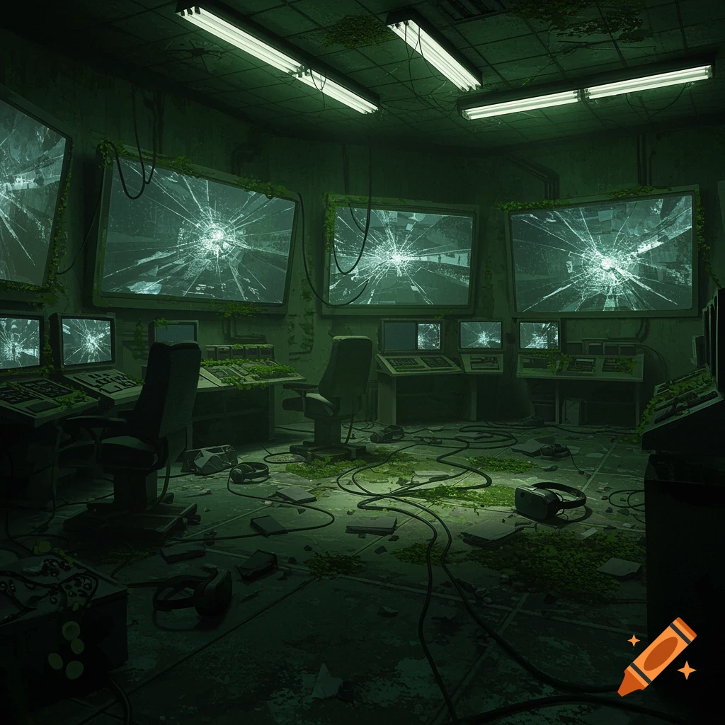 An abandoned, overgrown control room with multiple large, shattered green screens and strewn wires on the floor.