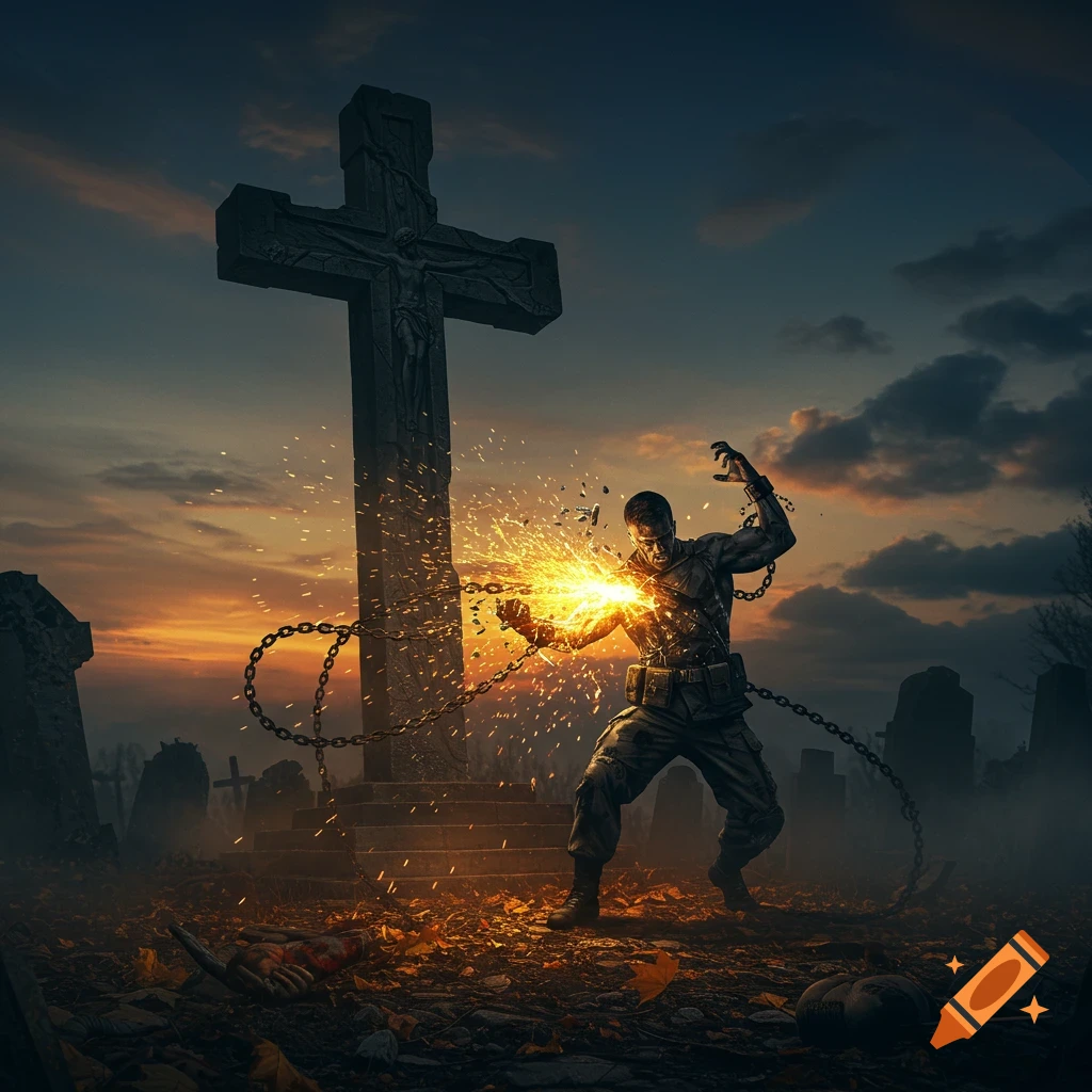 Photorealistic image of a soldier with glowing hands breaking chains in front of a large stone cross in a graveyard at sunset.