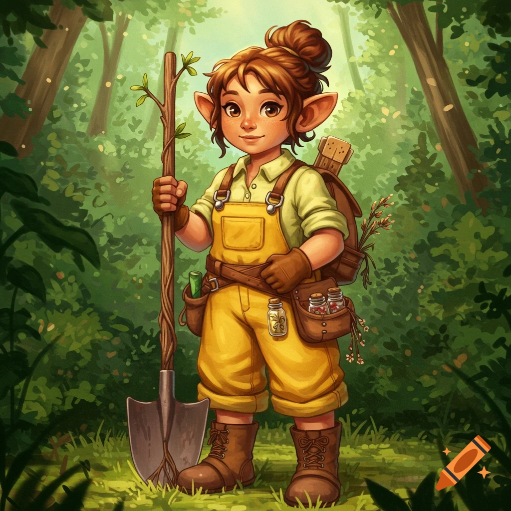 A whimsical halfling gardener with a bun, in yellow overalls, holds a root-patterned shovel in a sunlit forest.