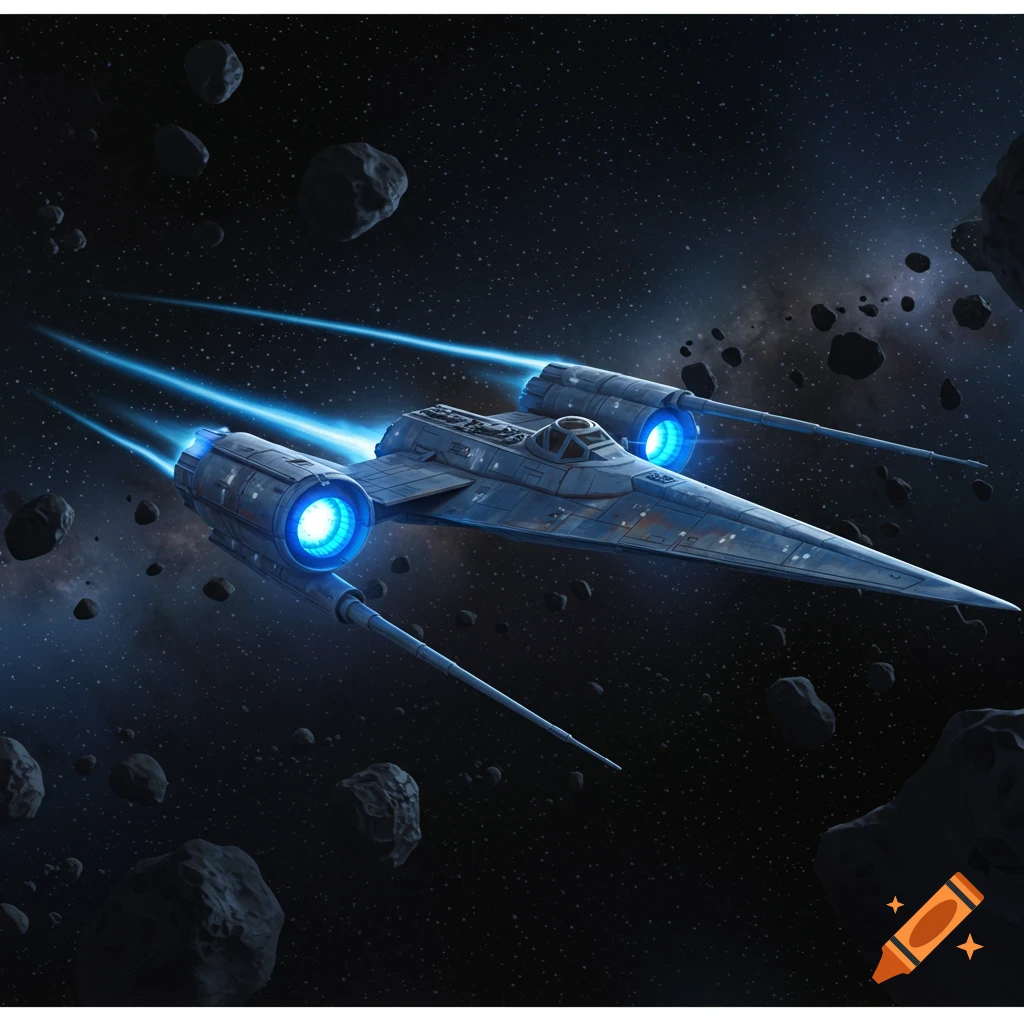 A sleek Star Wars Delta-7B Interceptor spaceship with glowing blue engines flies through a field of asteroids in dark space.