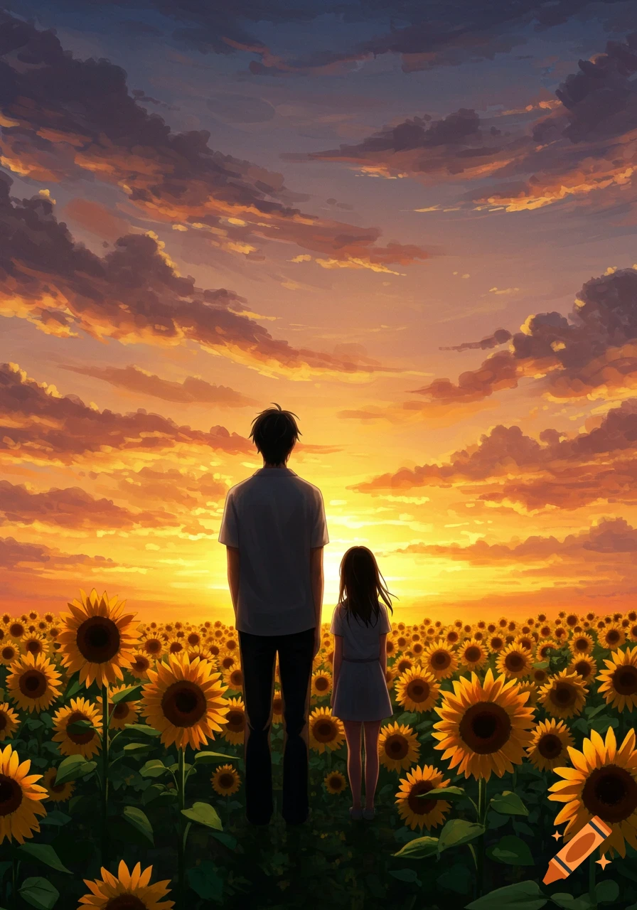 Anime illustration of a man and a child standing in a sunflower field, gazing at a dramatic sunset.