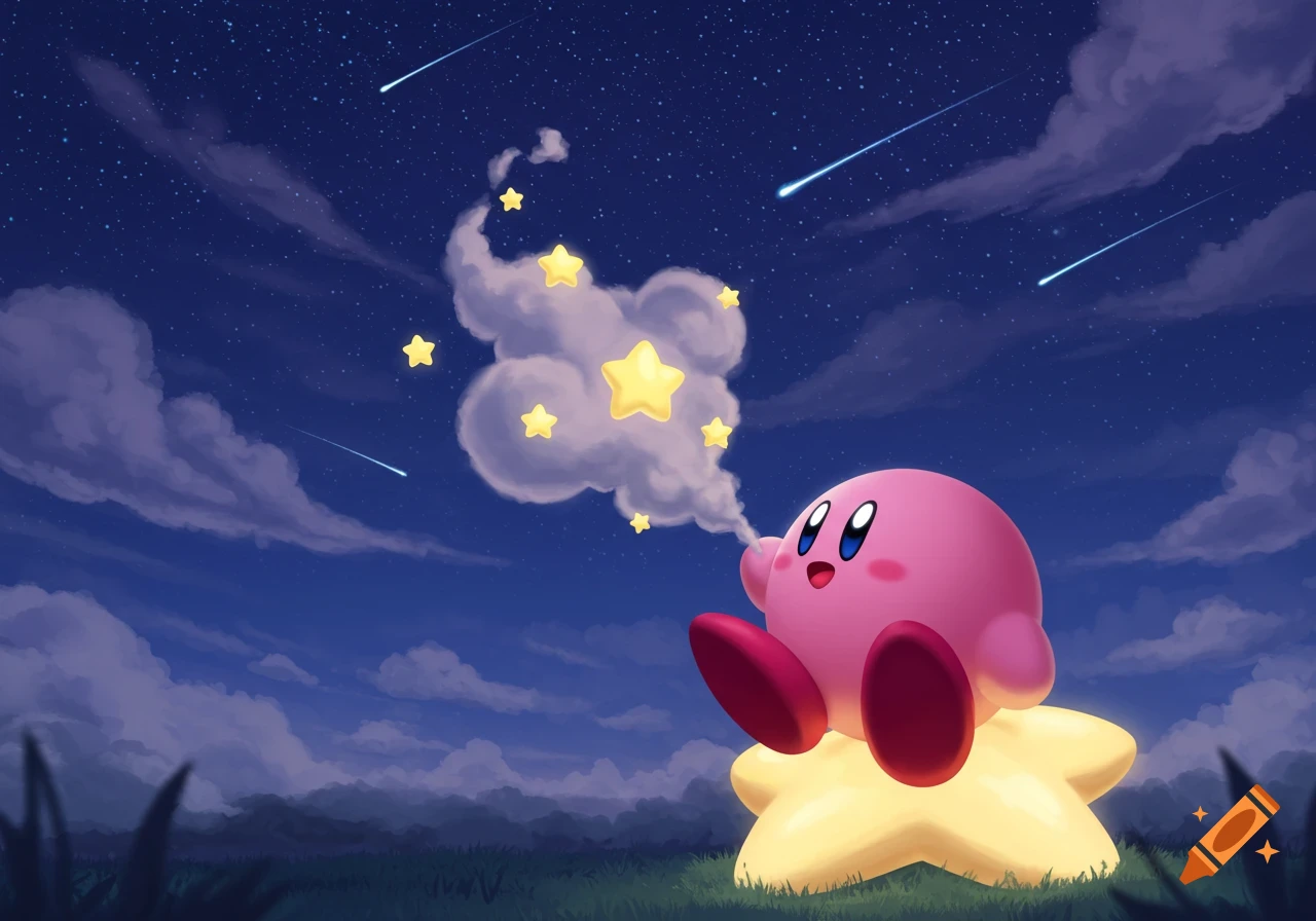 A cute pink Kirby sits on a glowing star, exhaling starry smoke under a dark, cloudy night sky with shooting stars.