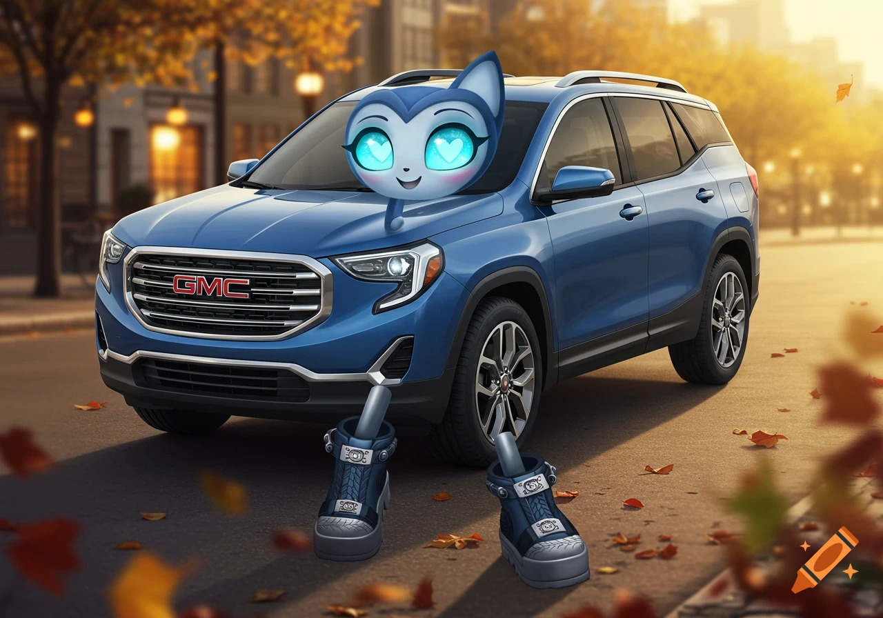 A cute blue humanoid character with a car face and boots stands in front of a blue GMC Terrain SUV on an autumn street.
