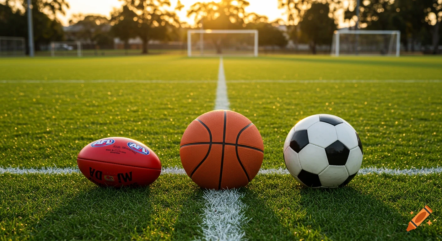 Three sports balls (AFL, basketball, soccer) on a green grass field with white lines and goals in the background at sunset.