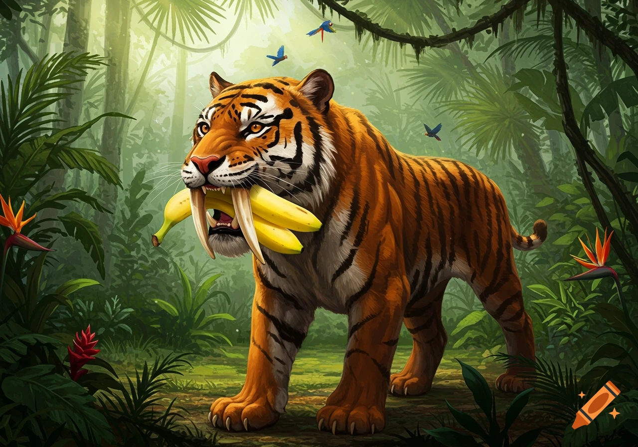 A stylized sabertooth tiger with bananas replacing its fangs stands in a vibrant jungle with birds and plants.
