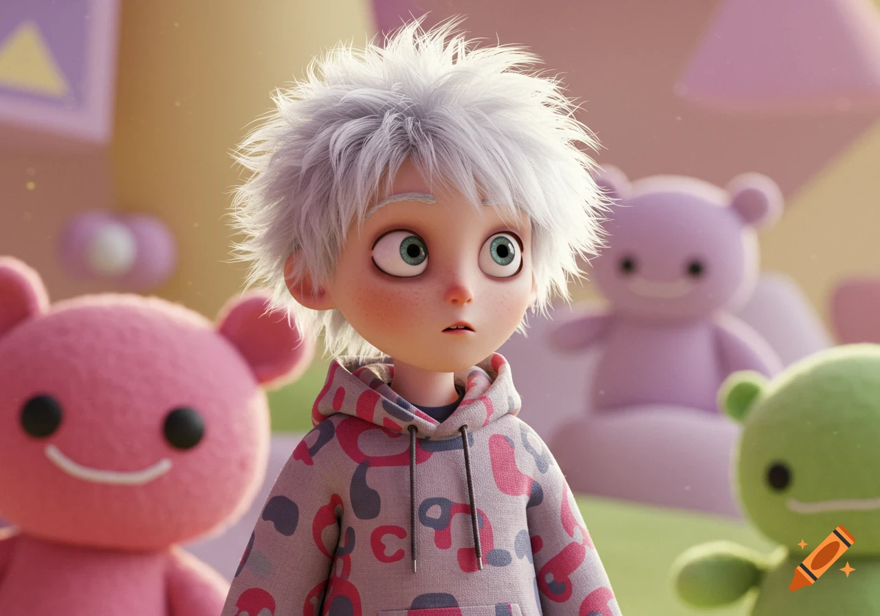 A 3D animated boy with white spiky hair and large eyes wears a patterned hoodie, standing among blurry pink, purple, and green plush bear toys.