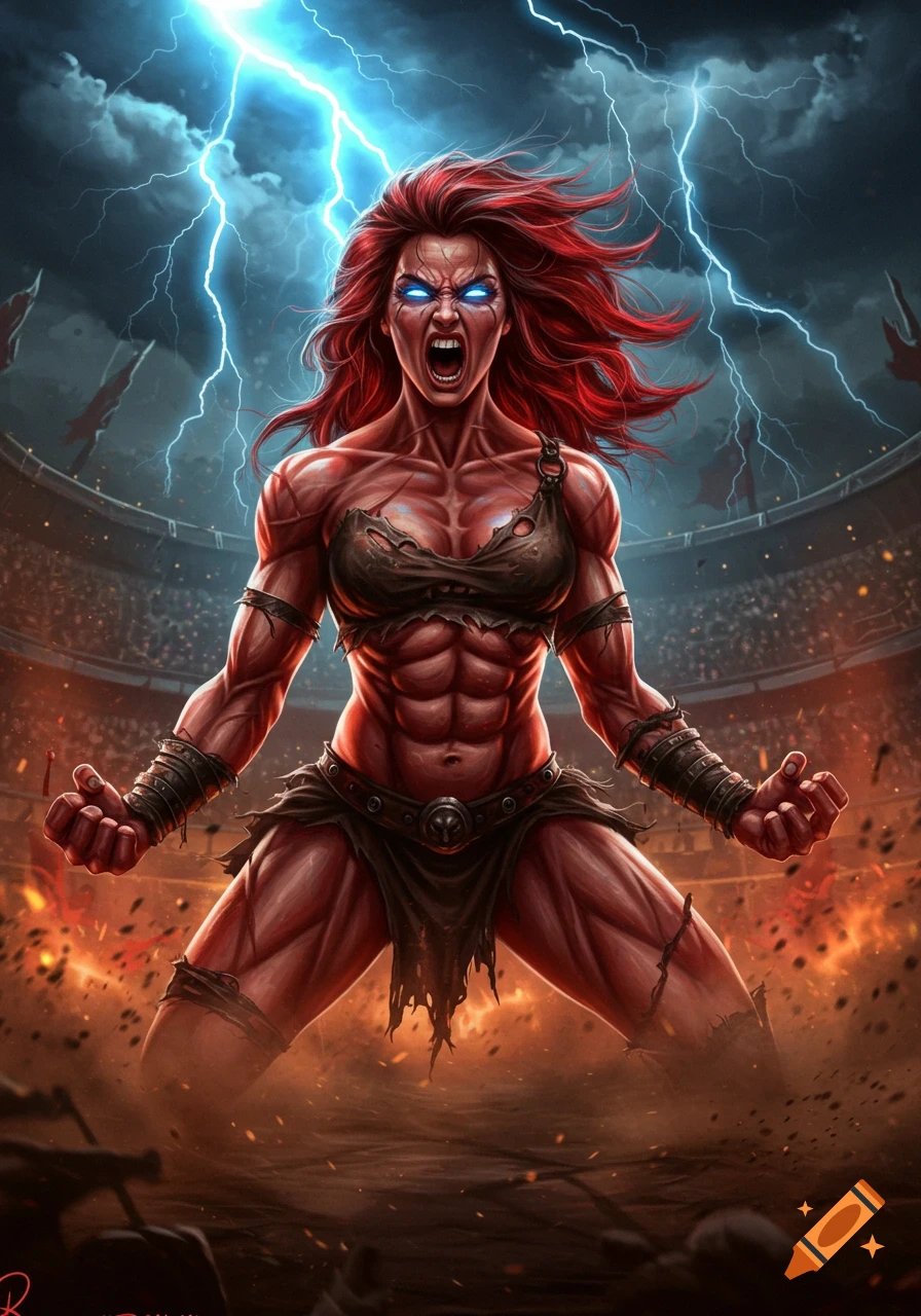 A red-skinned, muscular woman with glowing blue eyes and red hair screams under a lightning storm in a gladiator arena.