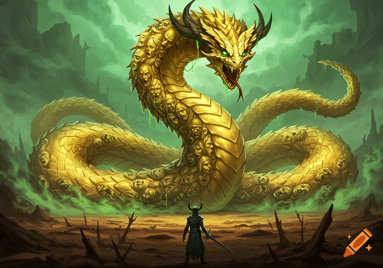 A colossal golden serpent with faces etched into its scales and glowing green eyes confronts a lone armored figure in a desolate, misty landscape.