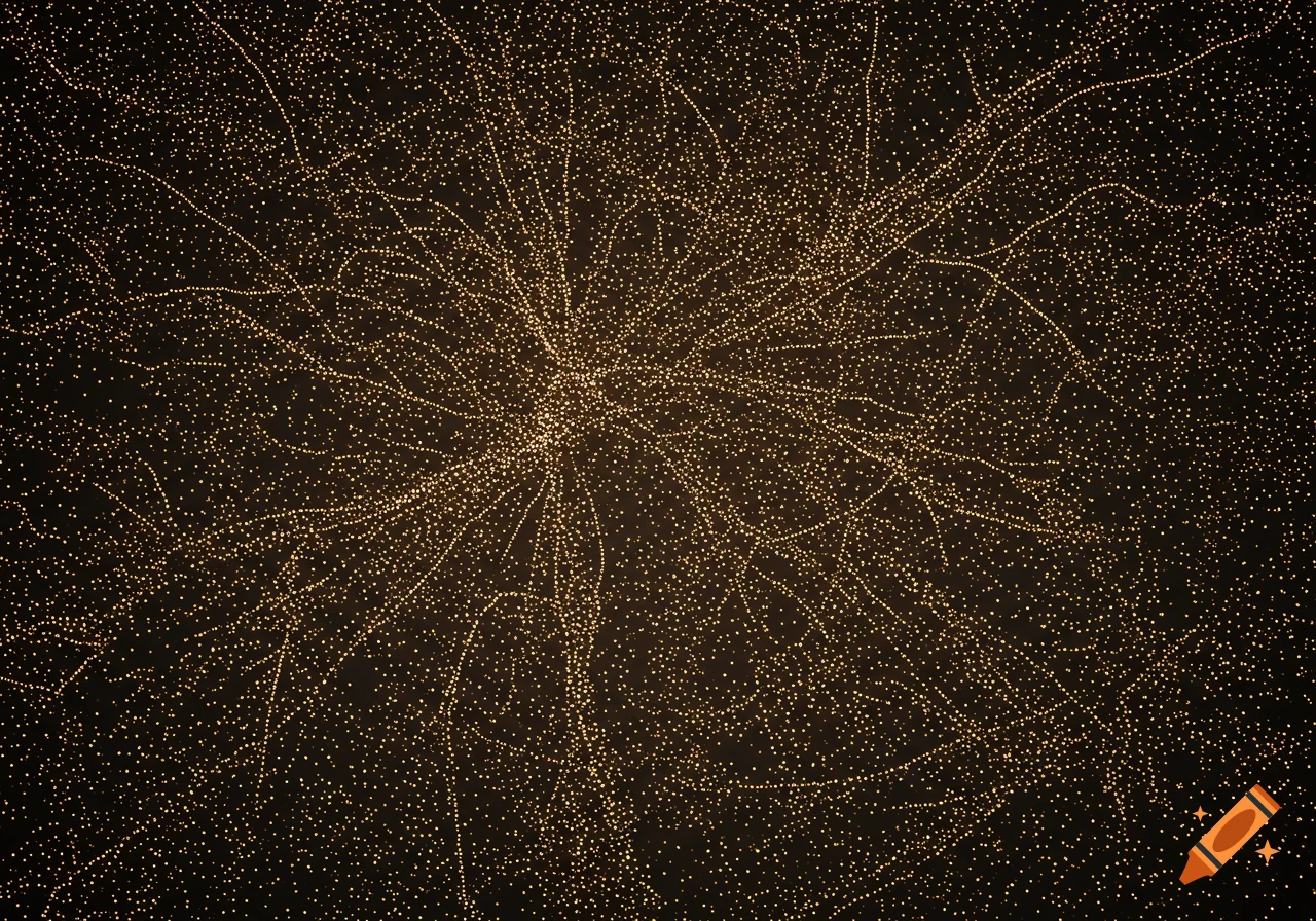 A dense, intricate network of tiny golden dots radiating outwards on a dark background, forming an abstract pattern.