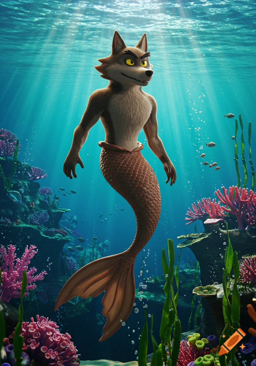 A 3D rendering of Mr. Wolf from The Bad Guys as a merman, with a brown tail, swimming in a vibrant coral reef.