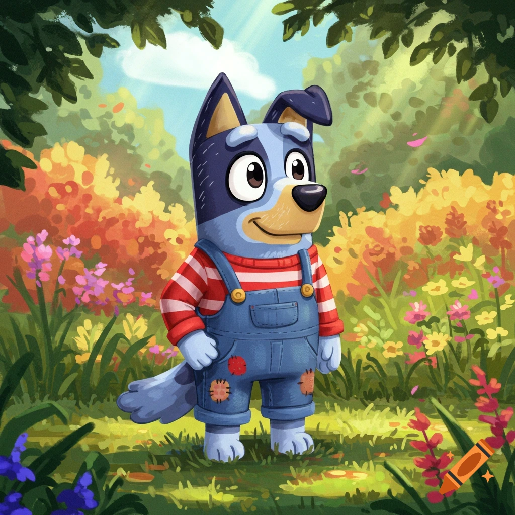 Bluey, the blue cartoon dog, in overalls and a striped shirt, smiles in a colorful garden. Animated style.