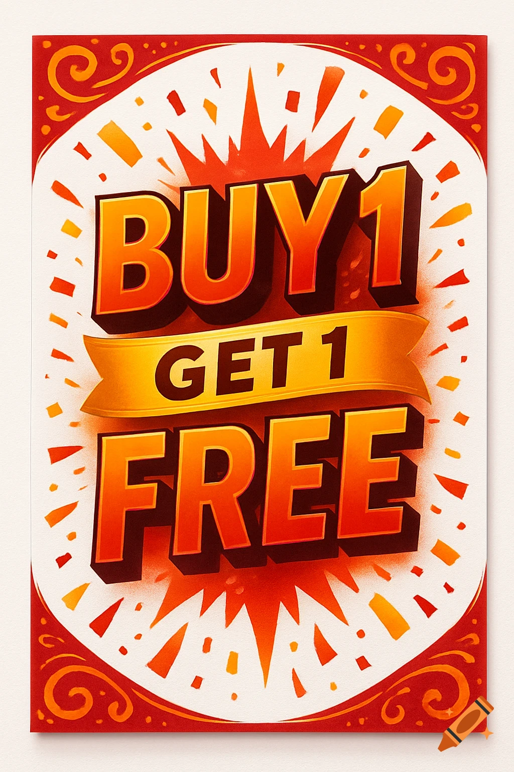 A vibrant red and orange promotional poster with bold text 'BUY 1 GET 1 FREE' and decorative border.