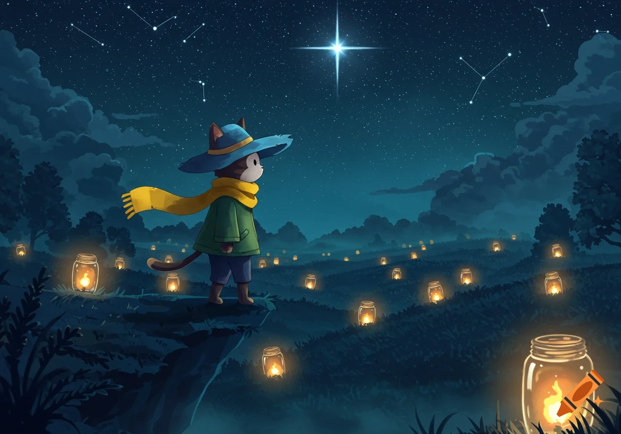 A cat-like character in a blue hat and yellow scarf stands on a cliff, looking at a star in a dark night sky filled with stars and constellations. Below, a field glows with numerous luminous jars.