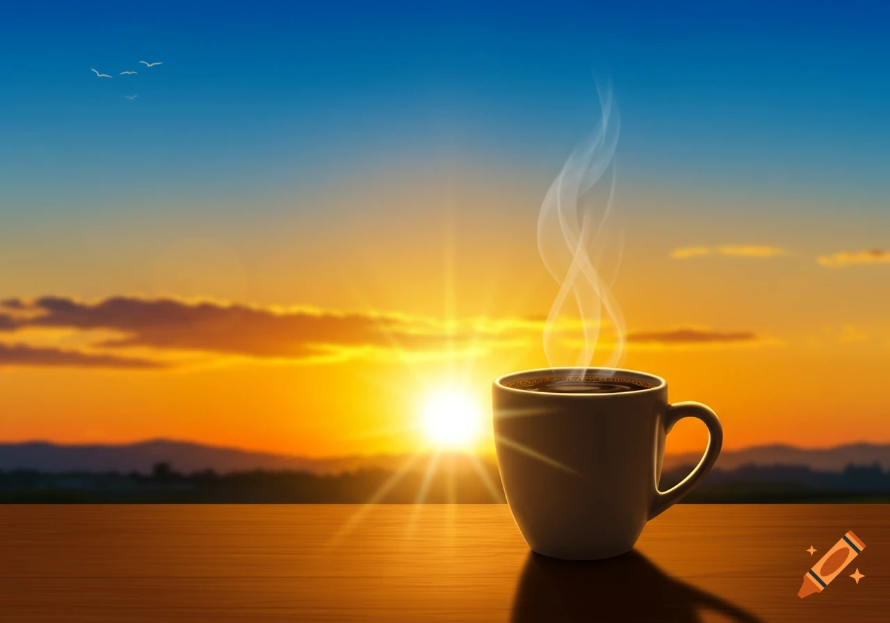A steaming cup of coffee sits on a wooden table with a vibrant sunrise and blurry mountains in the background.