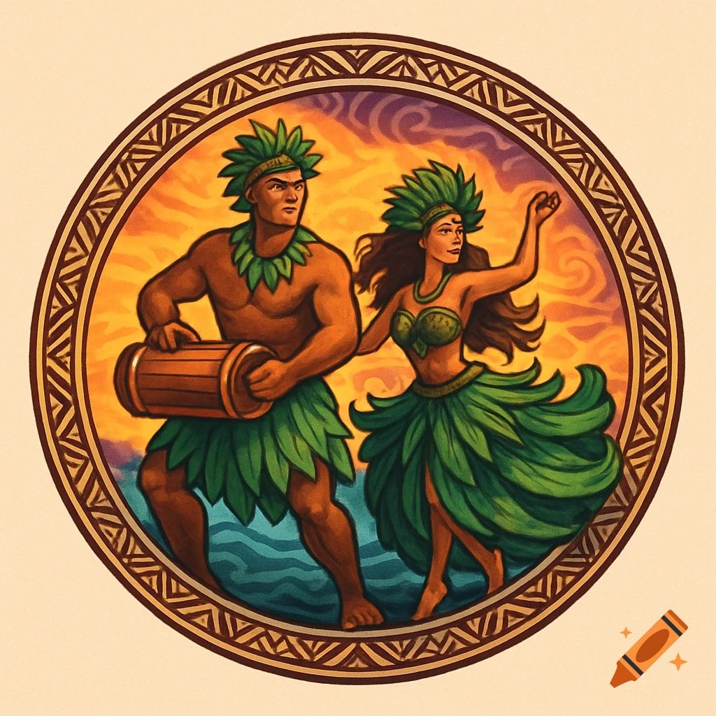 Stylized circular logo featuring a Polynesian man playing a drum and a woman dancing, both in leaf outfits.
