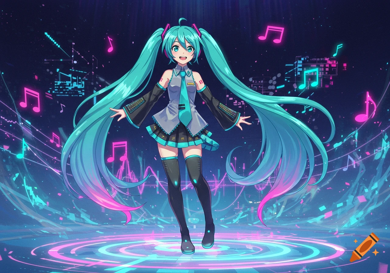 Hatsune Miku, an anime girl with long turquoise pigtails, smiles while standing in a vibrant digital landscape with neon music notes.